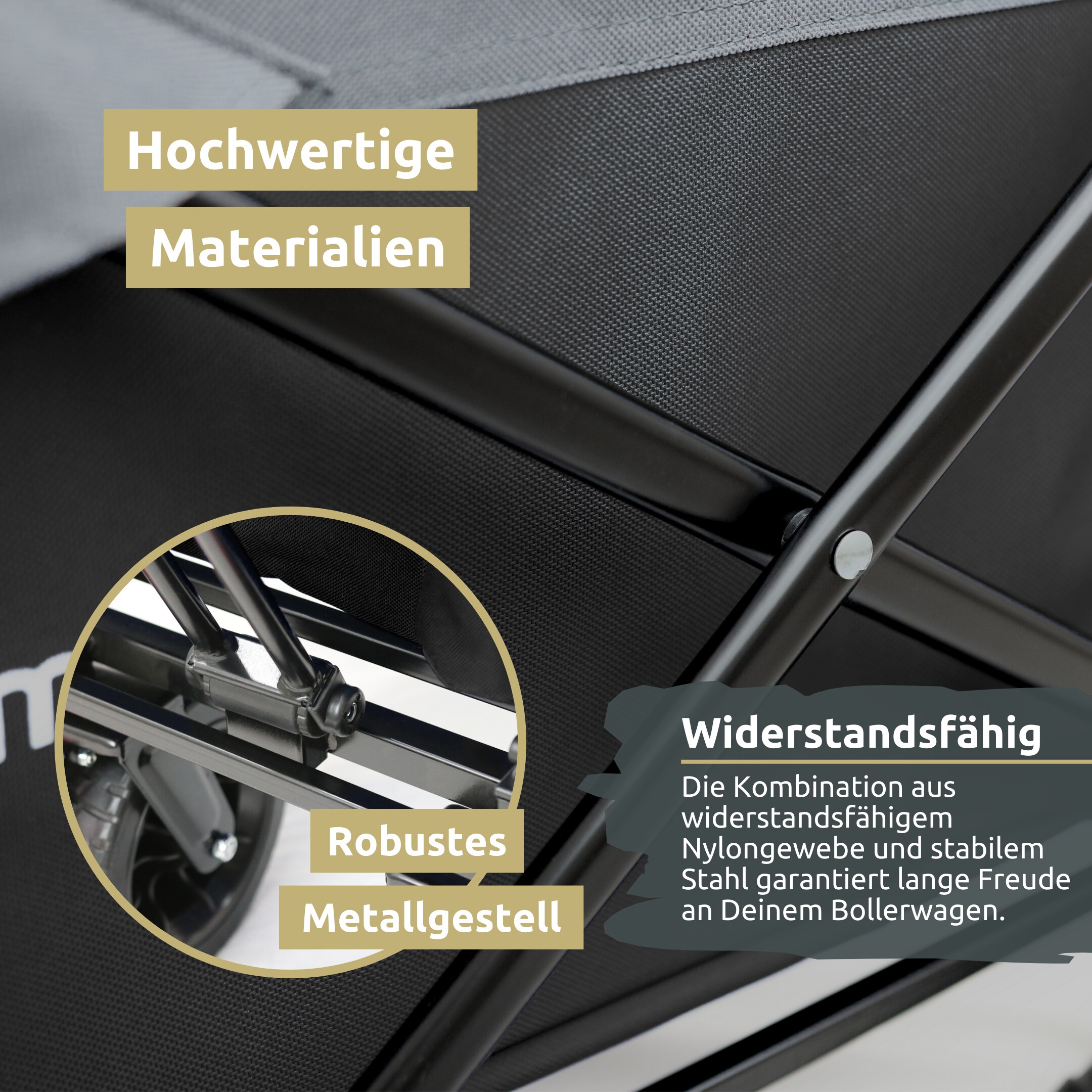 deluxe4home® Bollerwagen faltbar mit Breiten Reifen und Dach | Schwarz/Grau