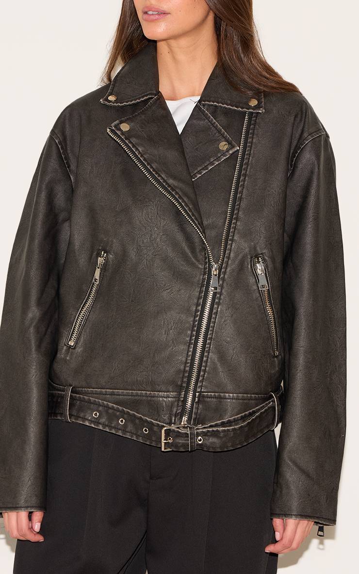 Noir Veste De Motard Oversize Vintage En Synthétiquecuir Avec Fermeture Éclair