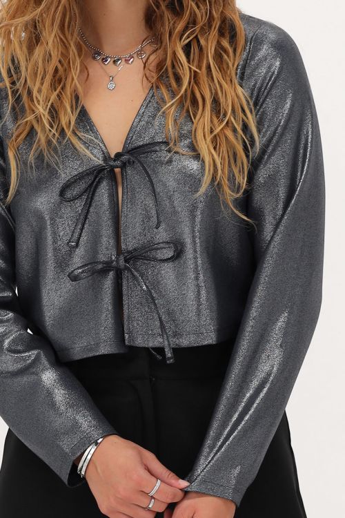 Donkergrijze top met lurex & strikjes