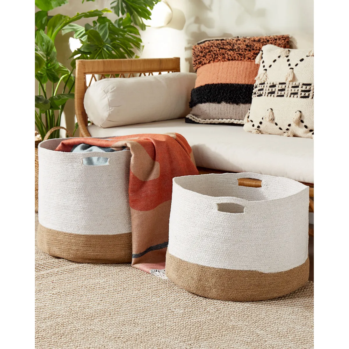 Beliani KAHAN - Lot de 2 paniers en coton blanc et beige