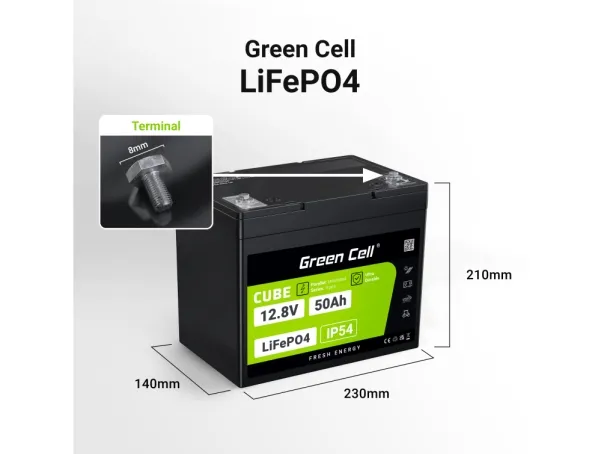 Green Cell LFPGC12V50AH, Lithium jern fosfat (LiFePO4), 12 V, Sort, Grøn, 50 At, 640 Wh, 75 A