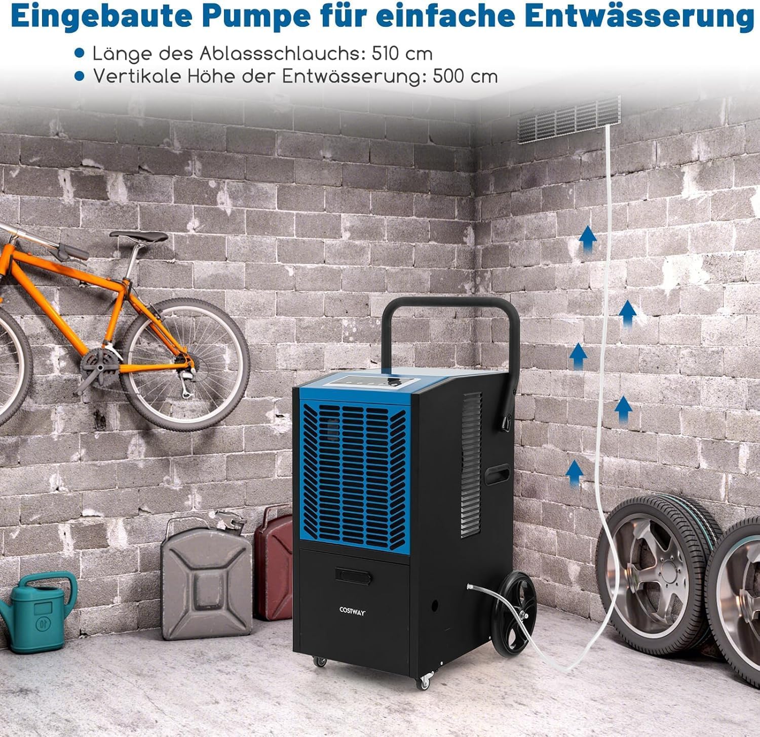 FANTASK Luftentfeuchter mit 4 Rädern, Bautrockner 66 L/Tag mit Pumpe & Ablaufschlauch, Industrie Trocknungsgerät mit 24H Timer für Keller Baustelle Lager, Blau
