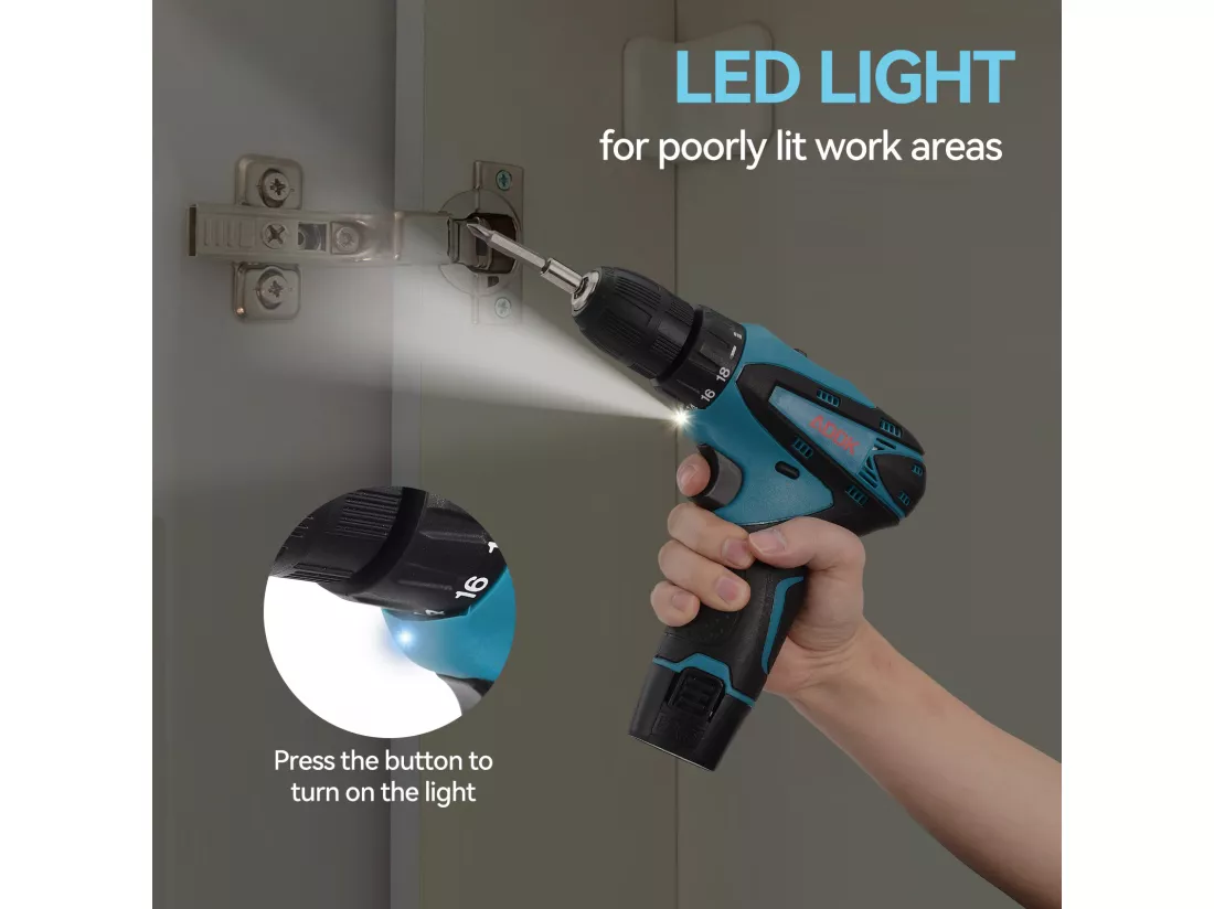 Perceuse Visseuse sans Fil avec lumière LED- 12V - Deux 1.5Ah Batteries - 30 accessoires - moteur brossé - bleu
