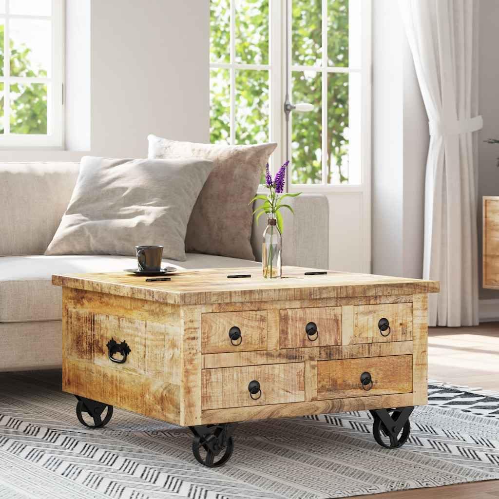 vidaXL Raues Mangoholz Couchtisch mit 5 Schubladen 1 Staufach Vintage Beistelltisch Wohnzimmertisch Kaffeetisch Sofatisch 70x70x40cm