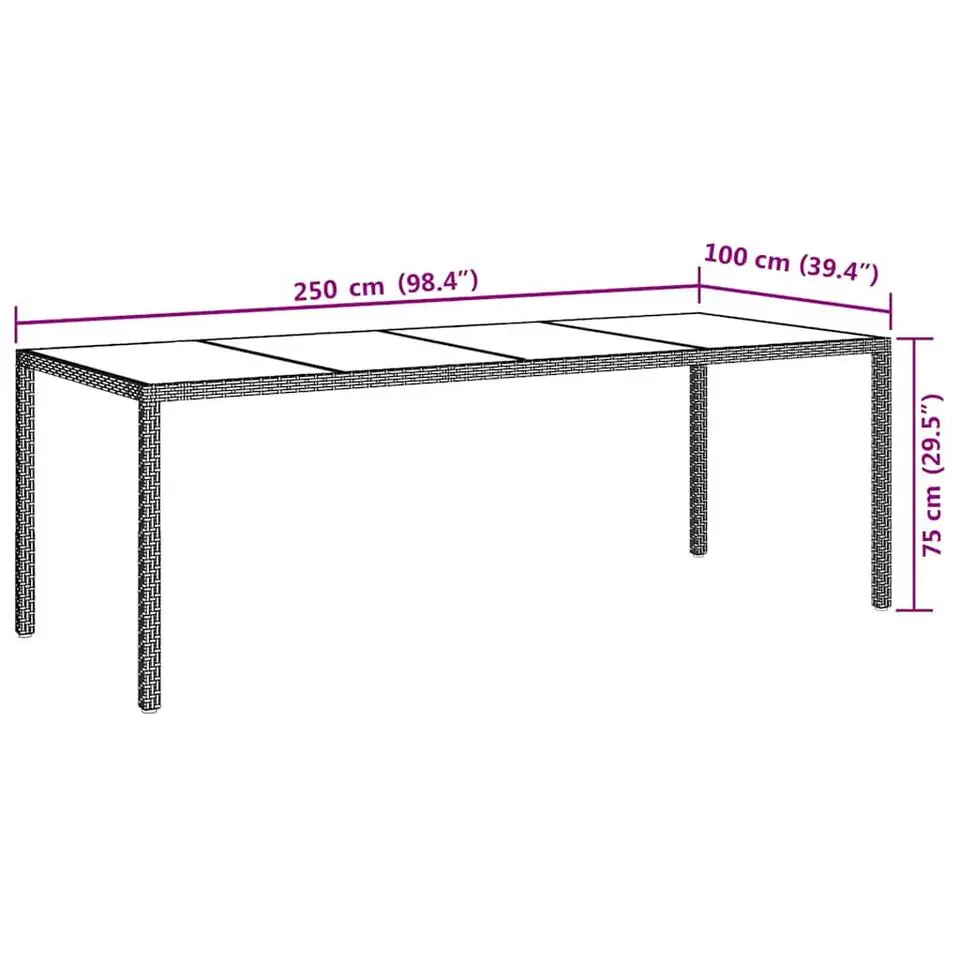 vidaXL - Tuintafel - Grijs - Gehard glas en poly rattan - 250x100x75 cm