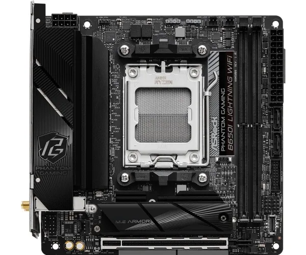 ASRock Phantom Gaming B650I Lightning WiFi - Bundkort - mini ITX - Socket AM5 - AMD B650 Chipset - USB-C 3.2 Gen2, USB-C 3.2 Gen 1, USB 3.2 Gen 2, USB 3.2 Gen 1 - 2.5 Gigabit LAN, Wi-Fi 6E, Bluetooth - onboard grafik (CPU påkrævet) - HD Audio (8-kana