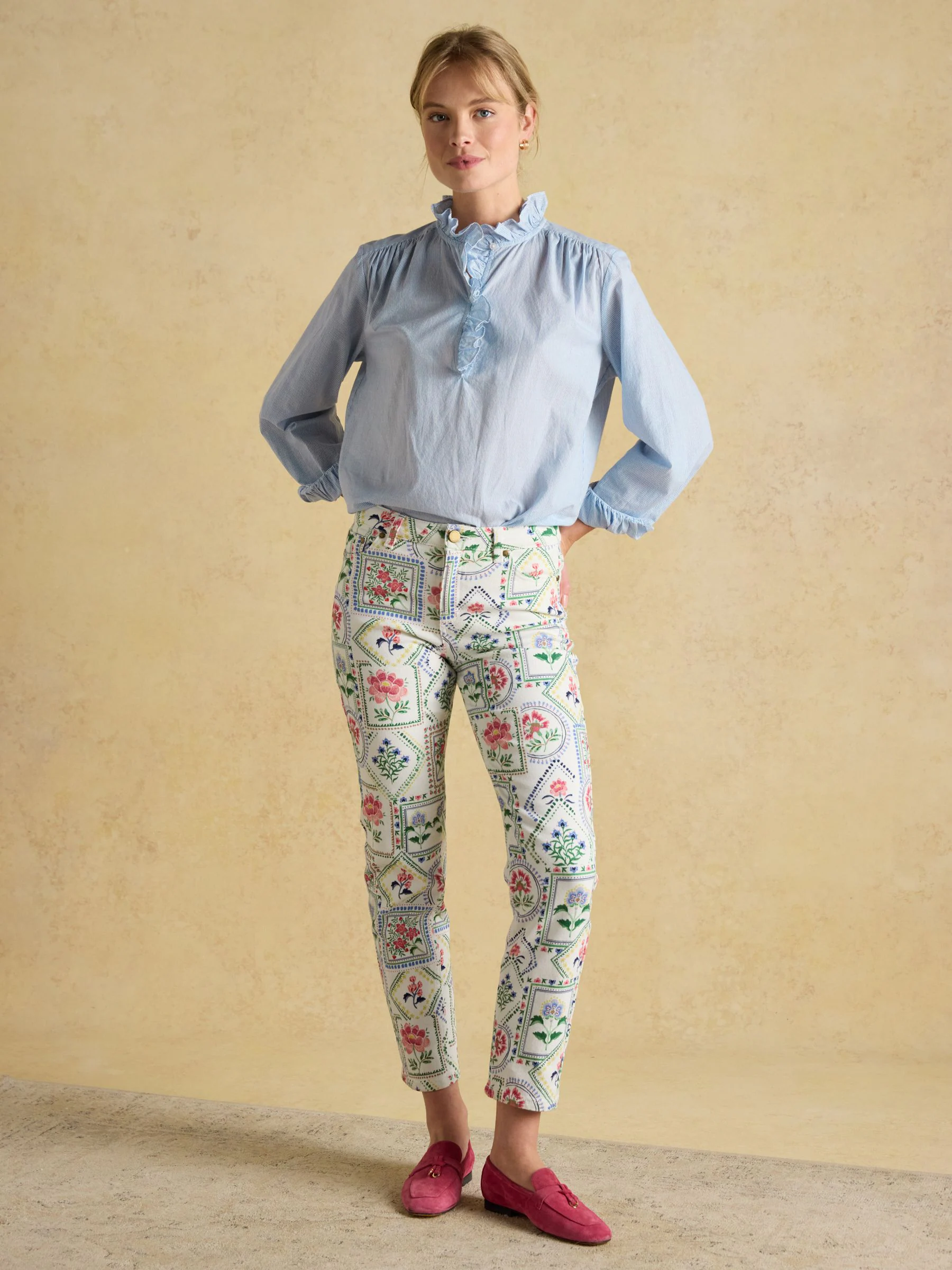Blauw/wit - Joules Melanie blouse van katoen met ruche