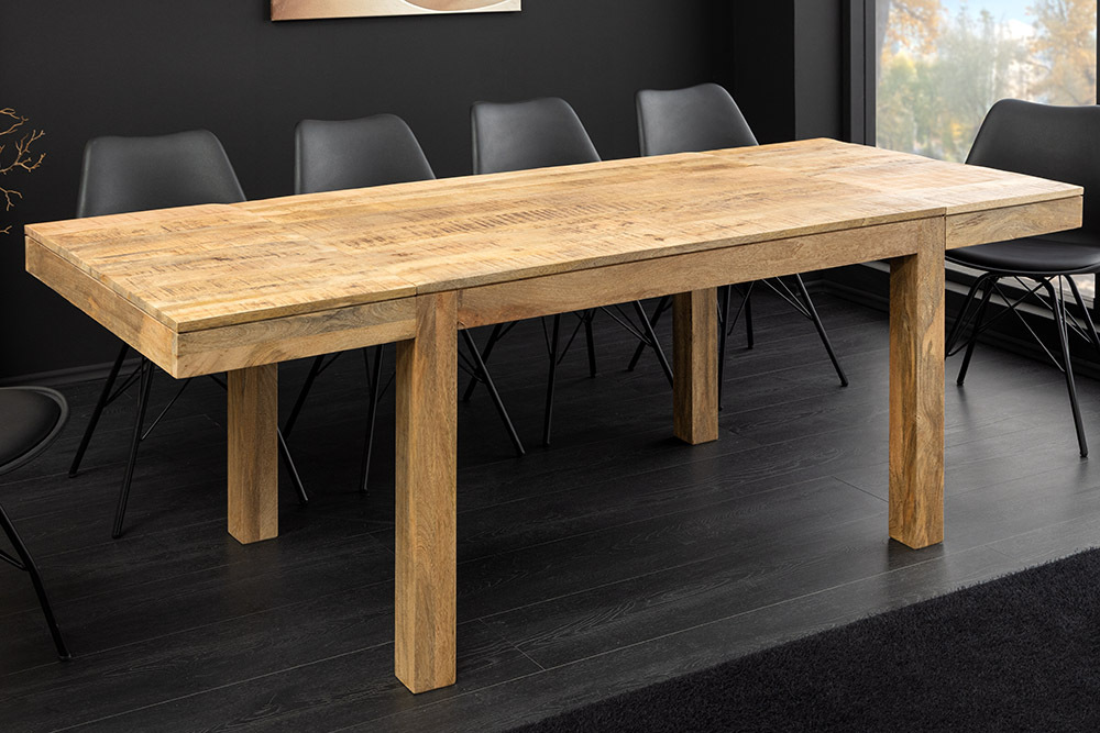 Massiver Holz Esstisch PURE 120-200cm natur Mangoholz mit Ansteckplatten
