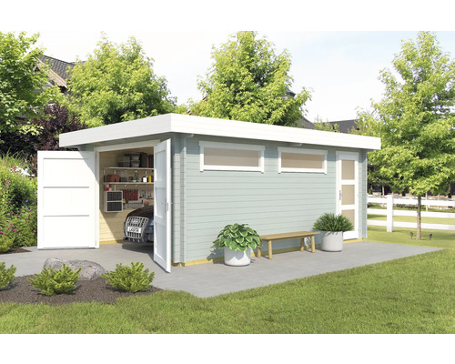 Enkele garage Outdoor Life Canberra met houten deur 360 x 540 cm gletsjergroen
