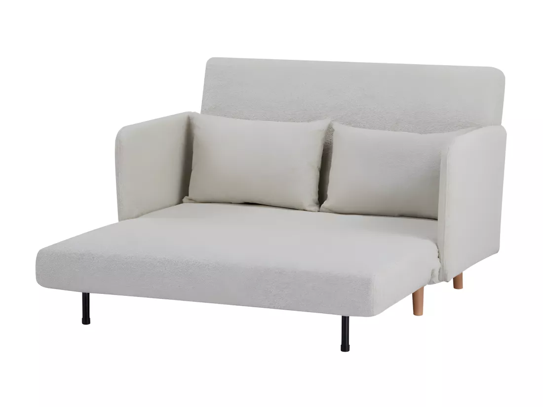 Belushi - Canapé convertible 2 places en tissu bouclette pieds bois clair L120cm - Beige