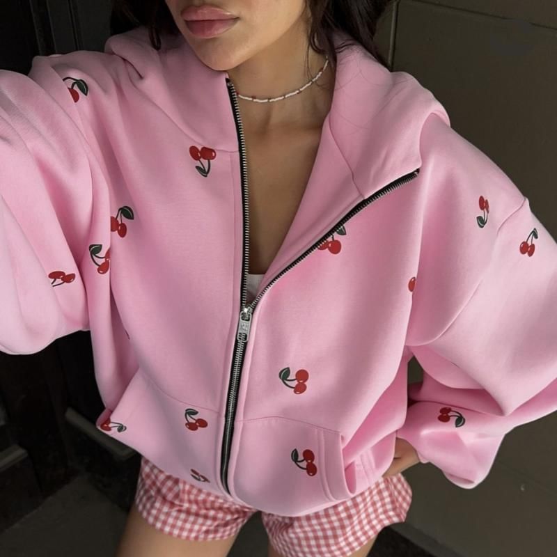 500 STUDIO - Oversized hoodie met kersenprint en rits