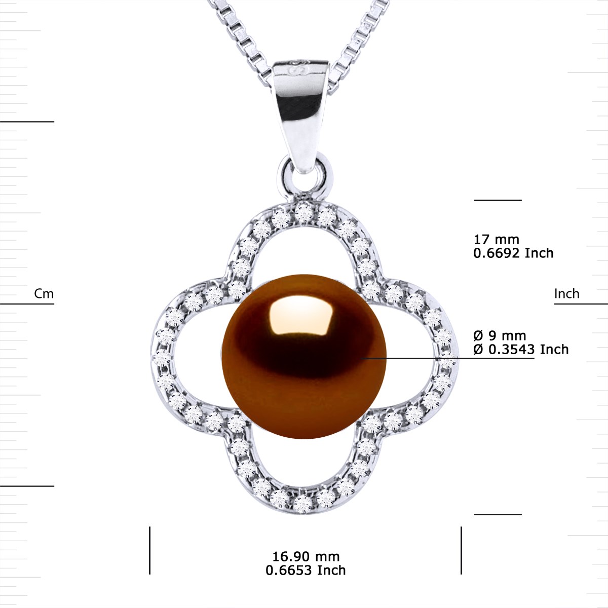 Collier TREFLE Perle d'Eau Douce 9-10 mm Chocolat Argent 925