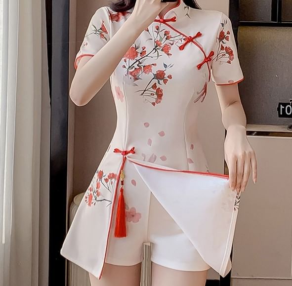 Petit Lace - Set: Hanfu-top met korte mouwen, bandkraag en bloemenprint + shorts met hoge taille