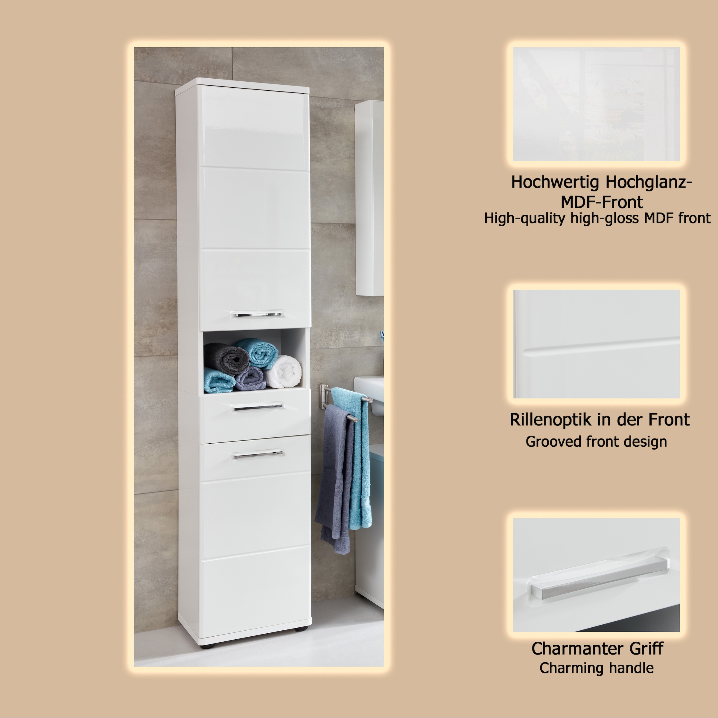 welltime Hochschrank »Mora« Hochschrank mit 2 Türen, 1 Schublade - (B/T/H) 37/34/189 cm