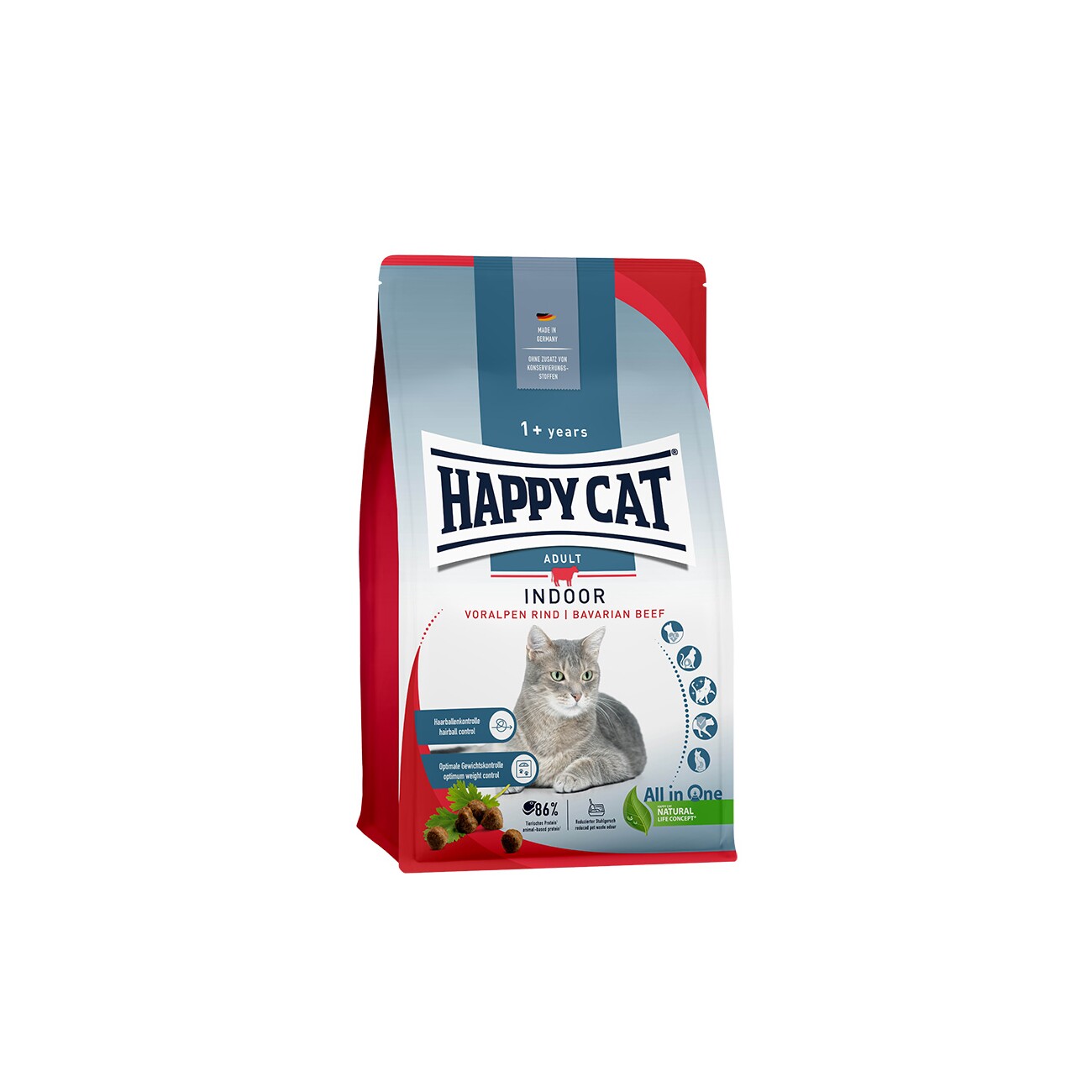 HAPPY CAT Indoor Trockenfutter Katze Adult, Voralpen-Rind 1,3 kg