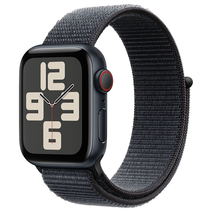 Apple Watch SE GPS + Cellular (2024) - 44 mm - Aluminium Minuit - Bracelet Sport Texitle Encre Violette