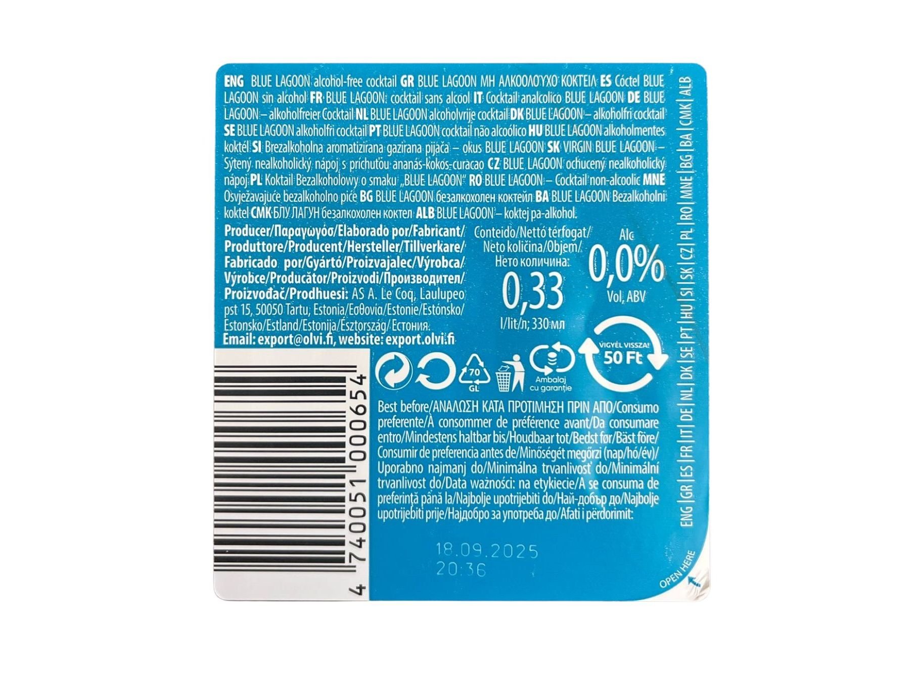 COCKTAIL LE COQ VIRGIN BLUE LAGOON 0% 0.33L
