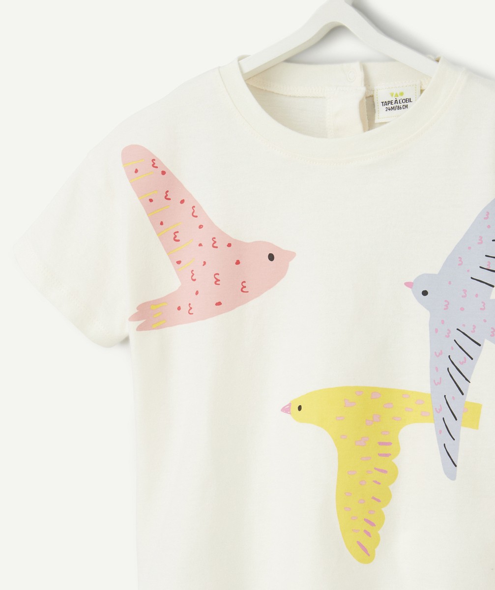 T-SHIRT MANCHES COURTES BÉBÉ FILLE EN COTON BIO ÉCRU MOTIF OISEAUX