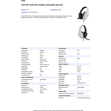 Trust GXT415W Zirox Headset - hvid