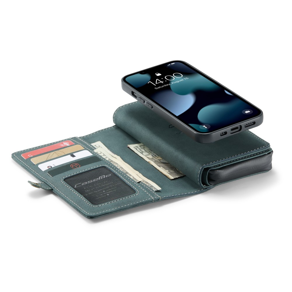 iPhone 13 Pro 3in1 Leder Tasche   Magnet Hardcase Karten Etui - Blau / Grün