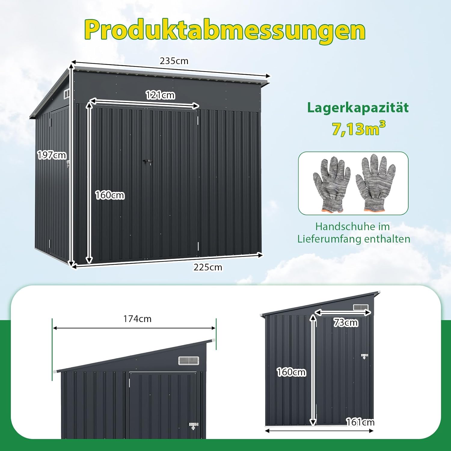 COSTWAY Gartenhaus Metall, 235 x 174 x 197 cm, Gerätehaus mit Vordertür & Seitentür & Pultdach, Geräteschuppen abschließbar, Gartenhütte Gartenschuppen, Garten Schuppen Outdoor