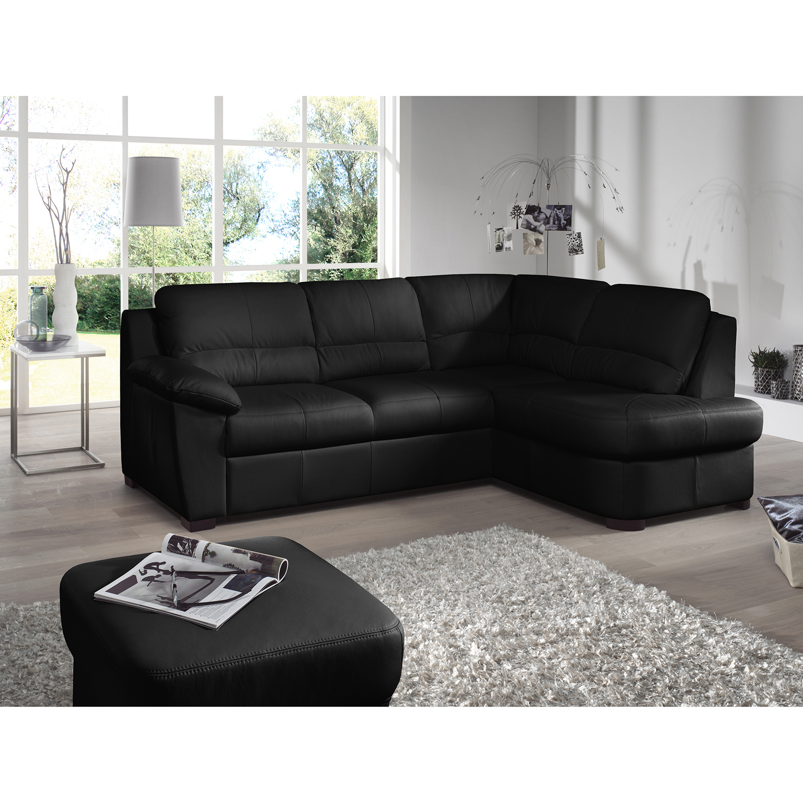 Ledersofa - schwarz - Basismodell - Ottomane rechts