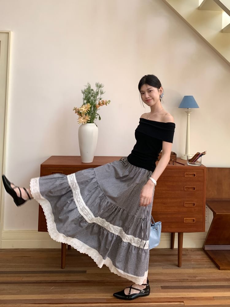 Beem - Hoge taille geruite maxi A-lijn rok