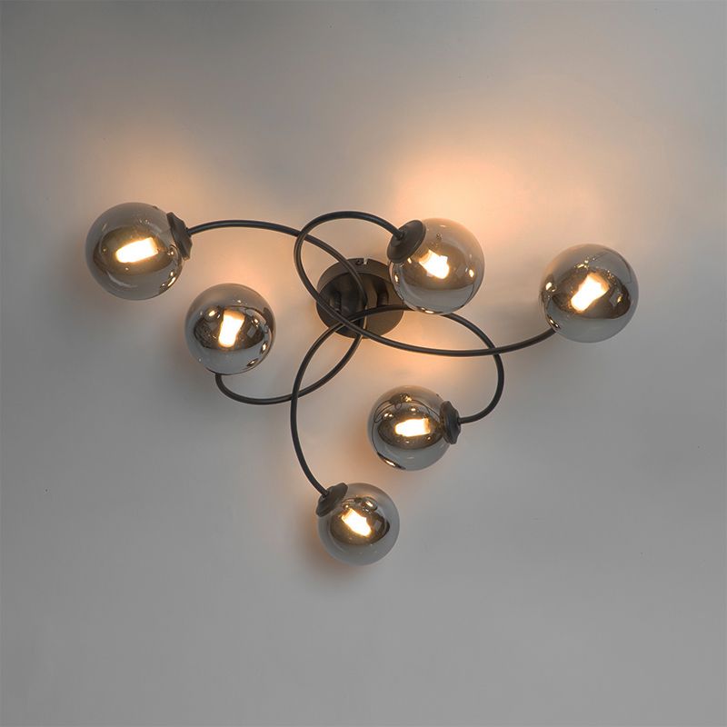 Moderne plafondlamp zwart 6-lichts met smoke glas - Athens