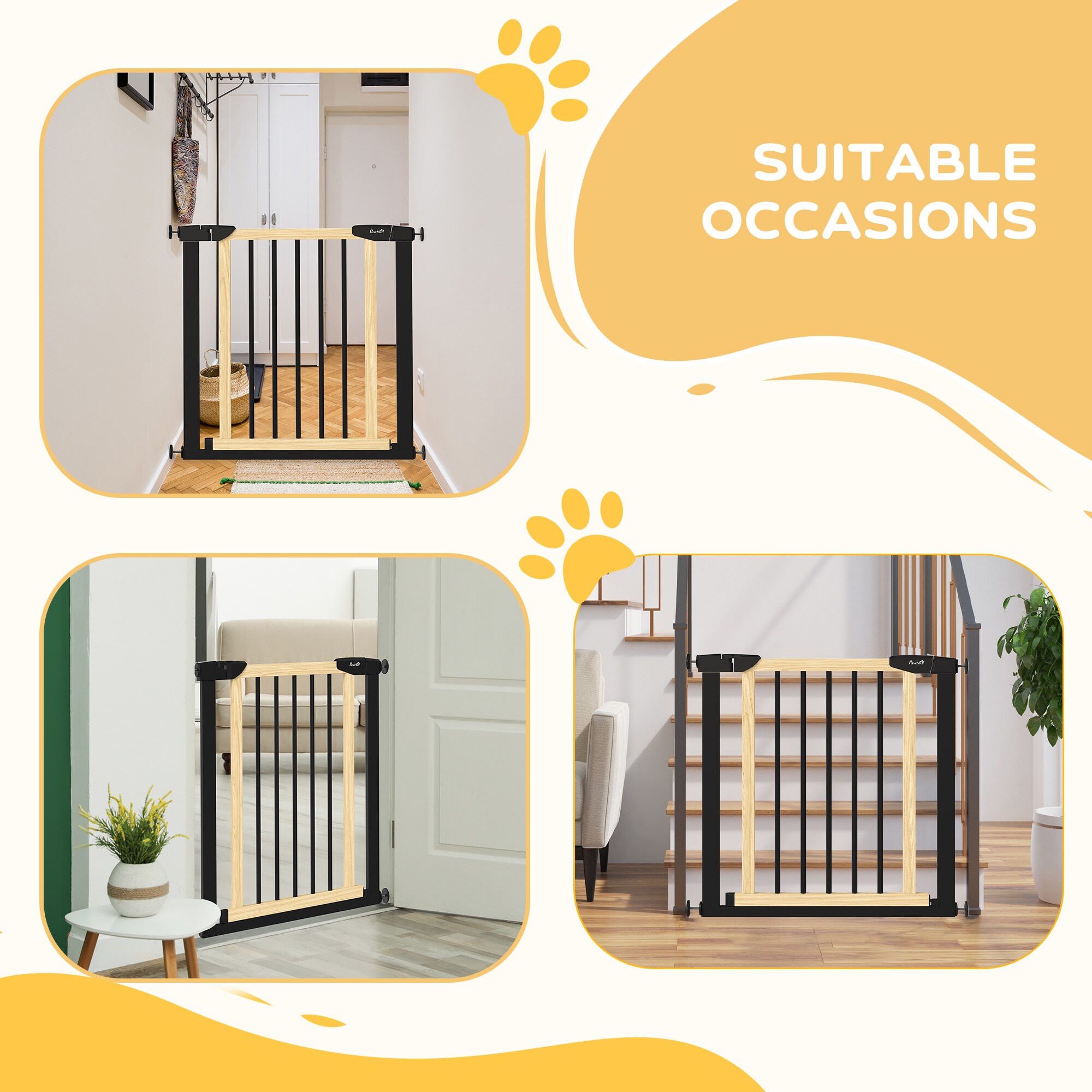 PawHut Türschutzgitter mit automatisch schließender Tür schwarz, natur 82L x 2B x 74H cm