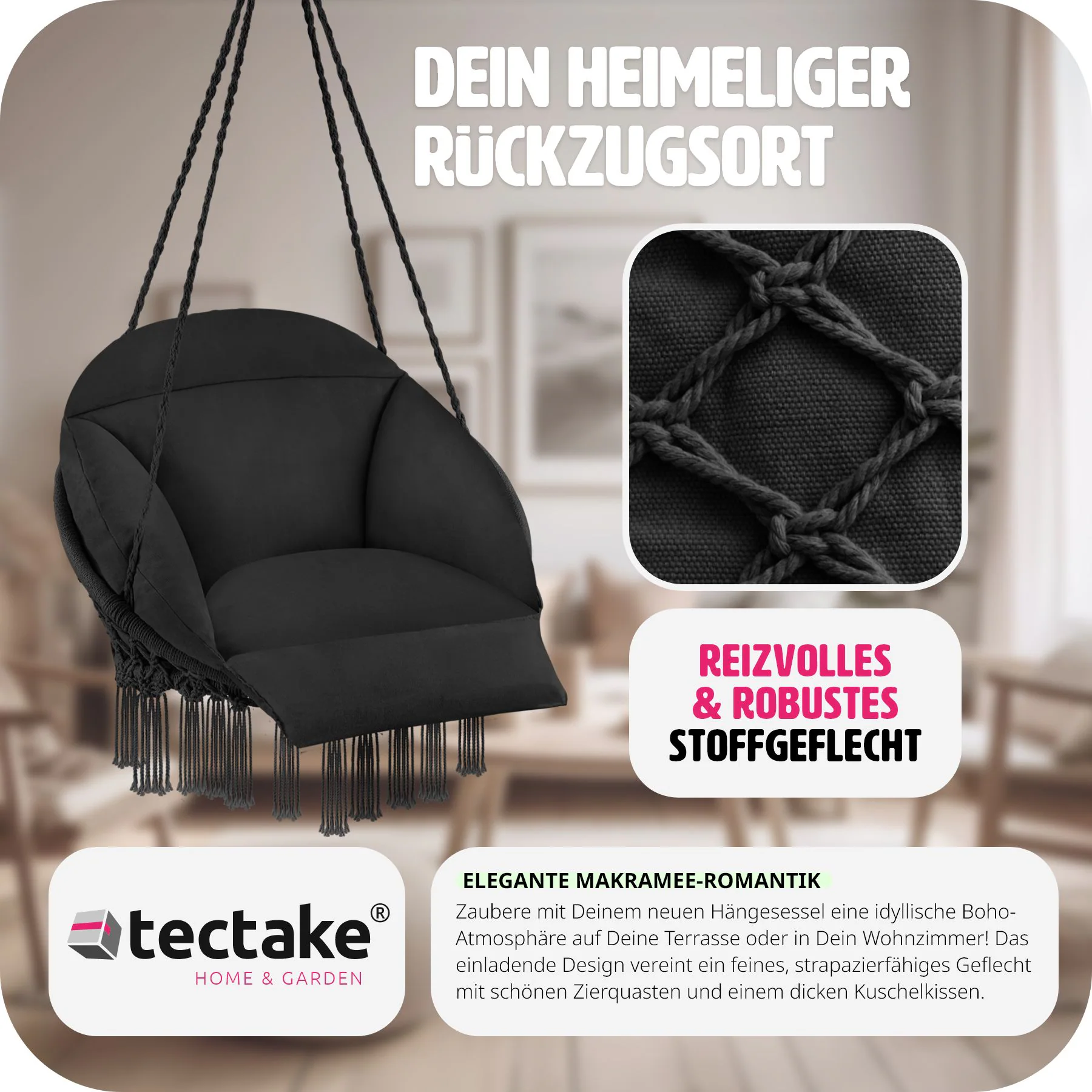 tectake® Hängesessel, mit dickem Sitzkissen, mit Zierquasten, 80 x 81 x 139 cm