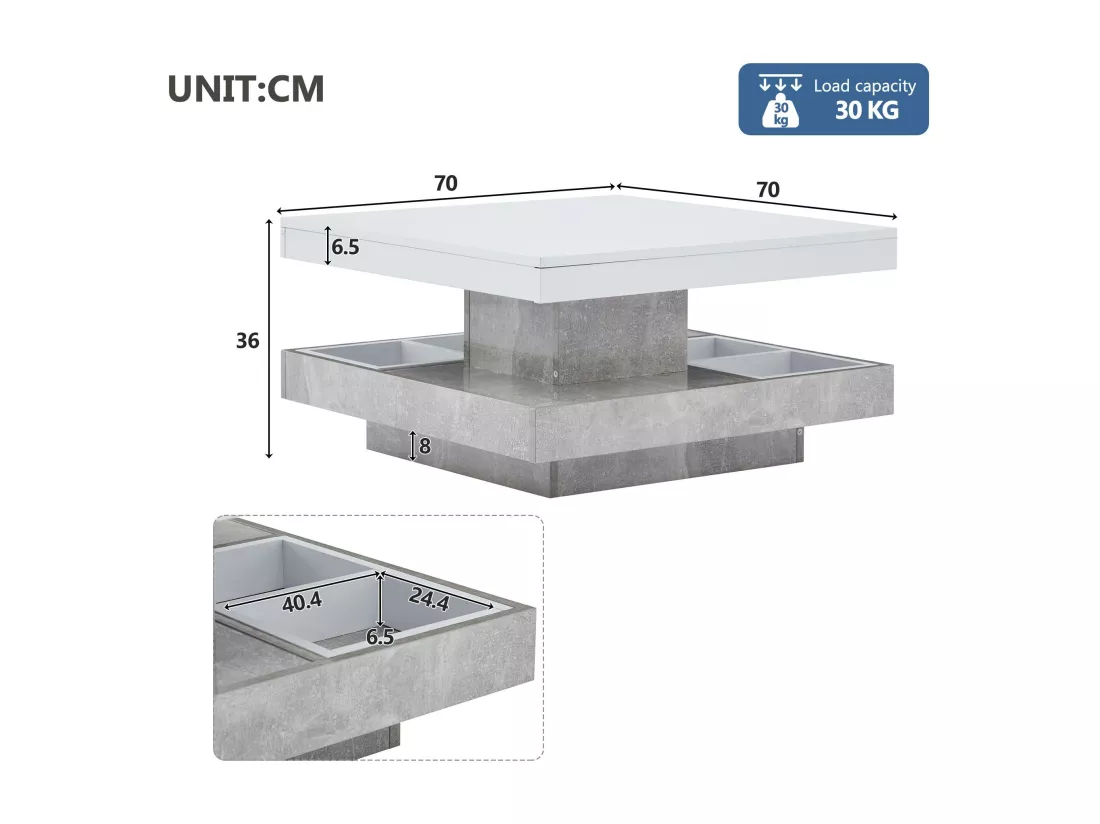 Table basse avec rangements 70x70x36 cm - plateau brillant orientable à 360° - Blanc & Gris