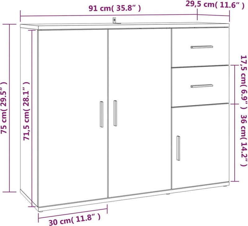 vidaXL - Dressoir - Sonoma Eikenkleurig - Bewerkt Hout - 91x29,5x75 cm
