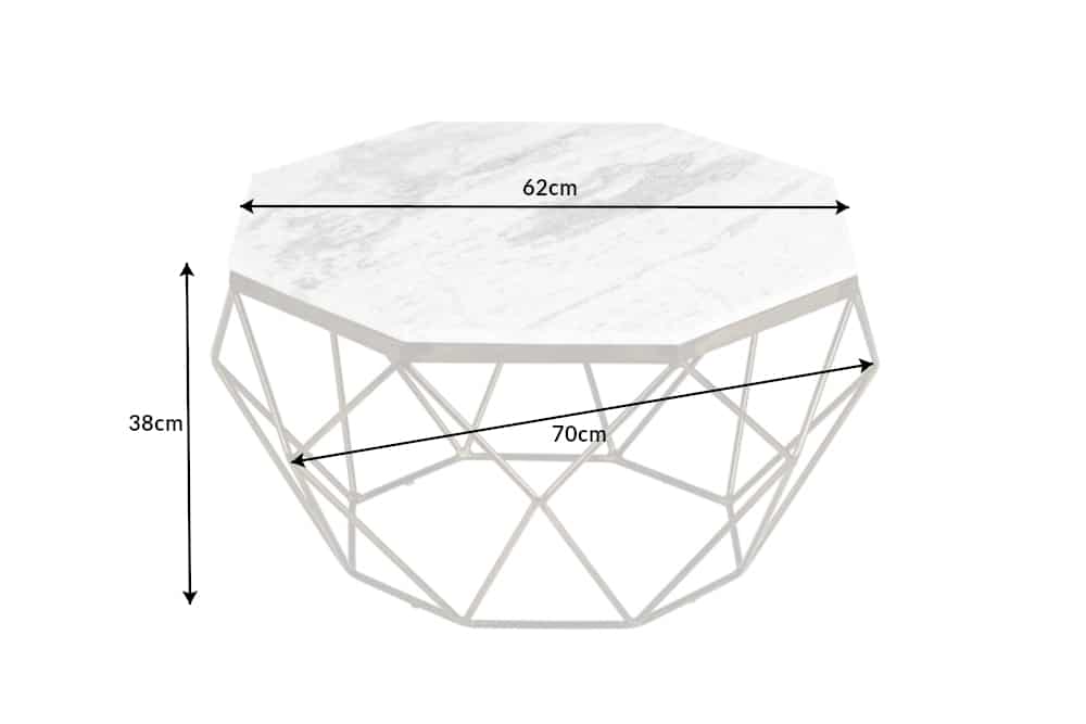 Eleganter Couchtisch DIAMOND 70cm weiß messing mit Marmorplatte