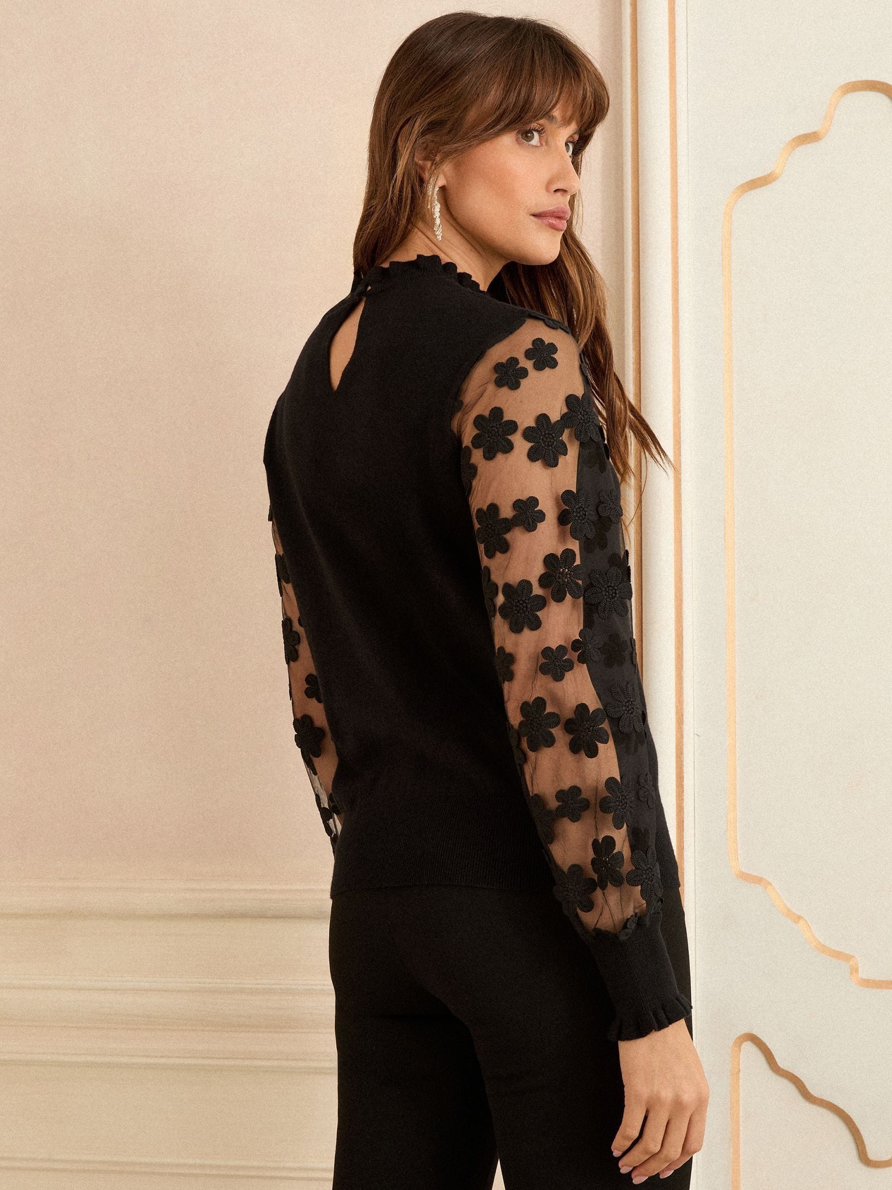 Black 3D Flower - Love & Roses Mesh Sleeve Knit Jumper