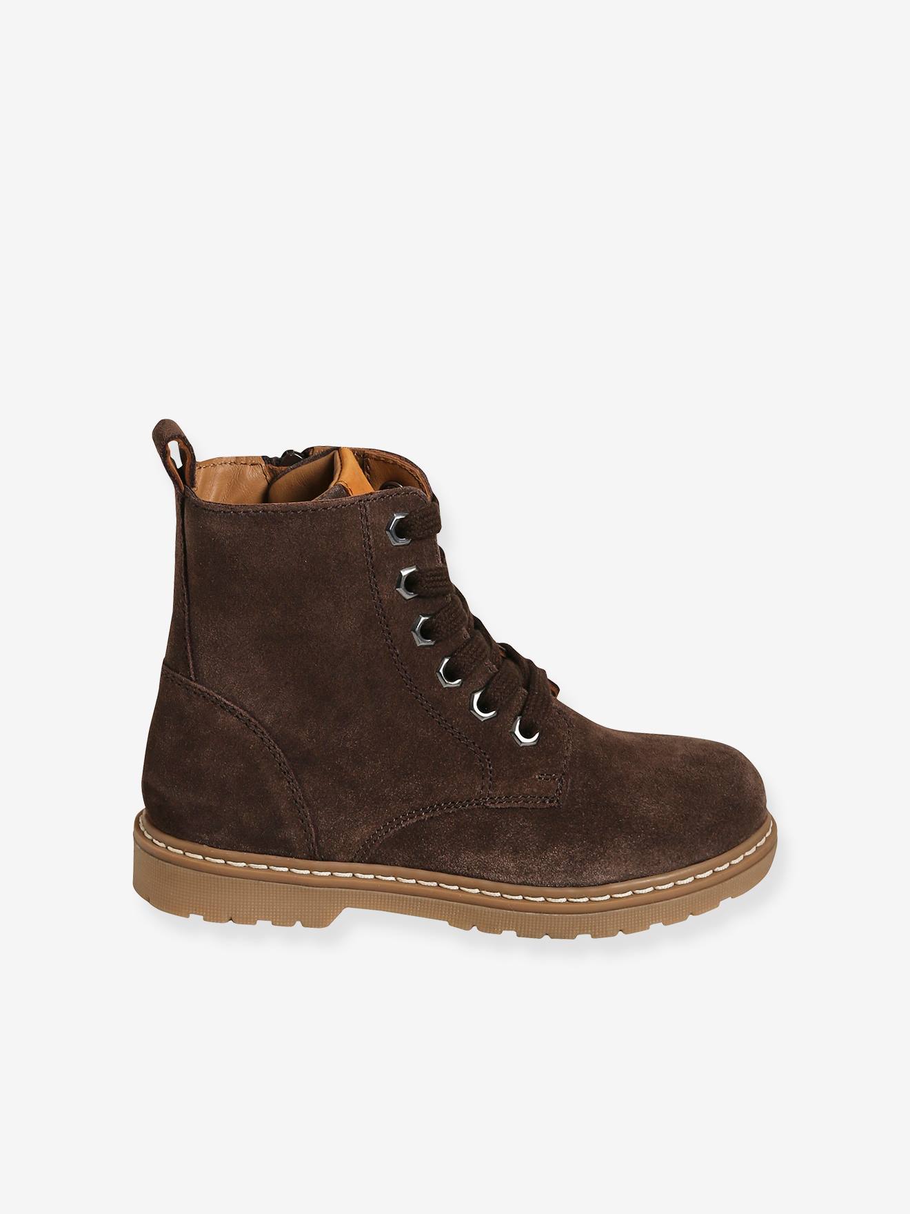 Botas de cano curto em couro com cadarço e zíper, para meninos, cor marrom escuro lisa.