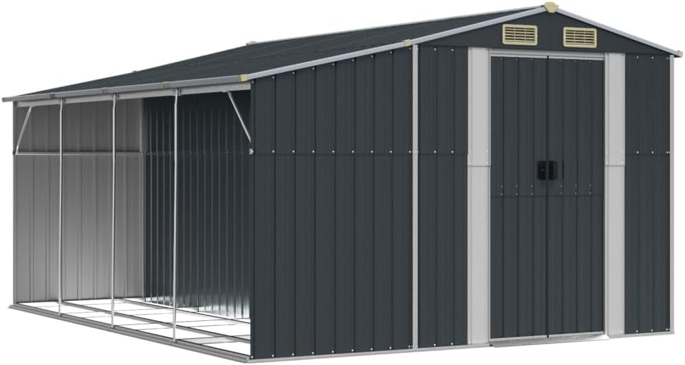 vidaXL Gerätehaus, Gartenhaus mit Schrägdach Griffe, Gartenschuppen Schuppen mit Stauraum, Geräteschuppen Metallschuppen, Anthrazit 277x365,5x179 cm Verzinkter Stahl