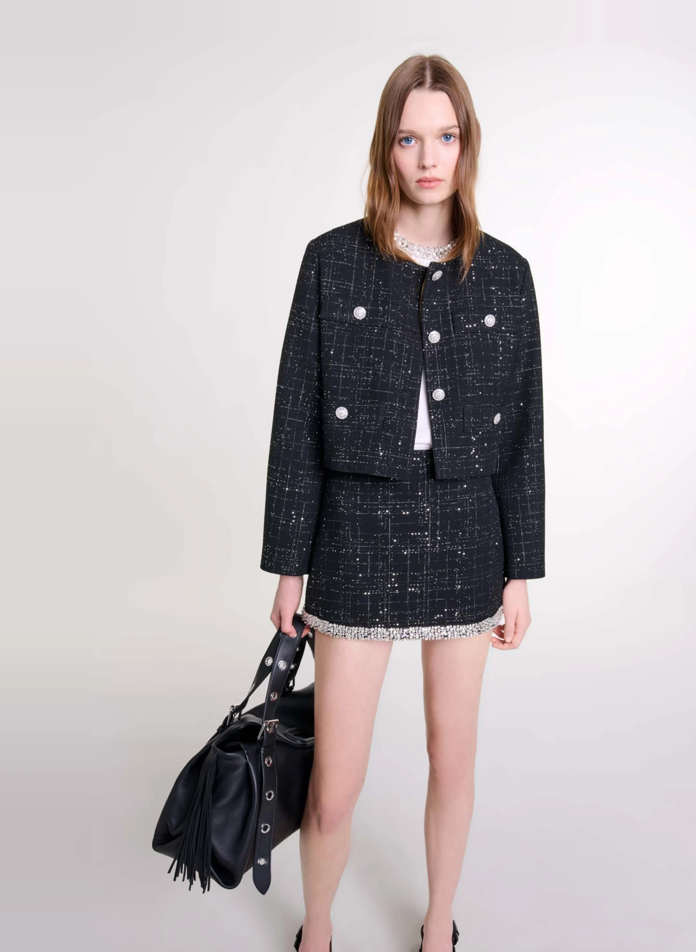 Veste courte brodée à strass | Noir