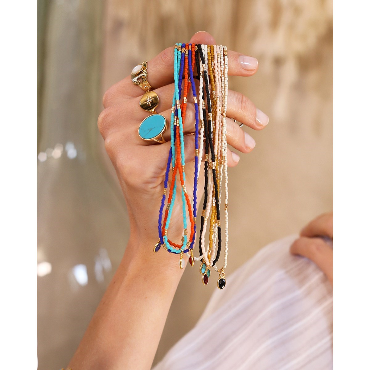 Collier perles miyuki blanches pierre turquoise LITTLE INDIA
