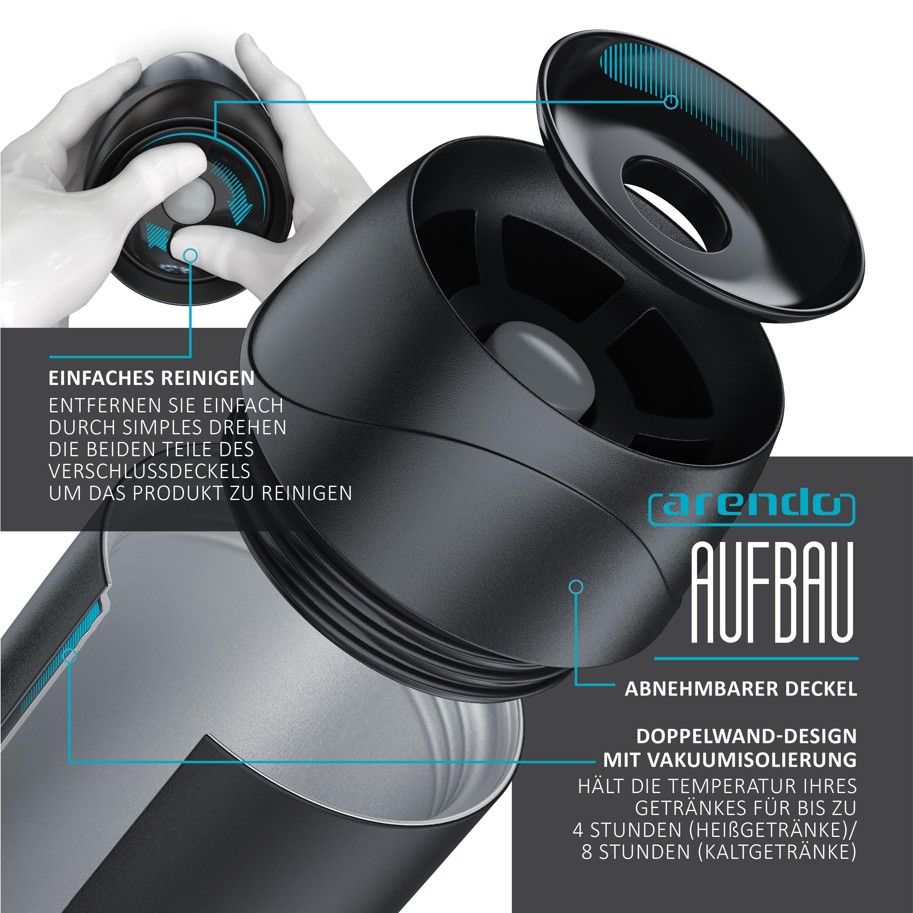 Arendo Thermobecher, Edelstahl, Isolierbecher Doppelwandig Vakuumisolierung - To Go Thermobecher 450ml
