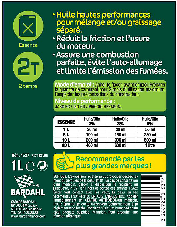 Bidon d'huile 2 temps Bardahl 1L