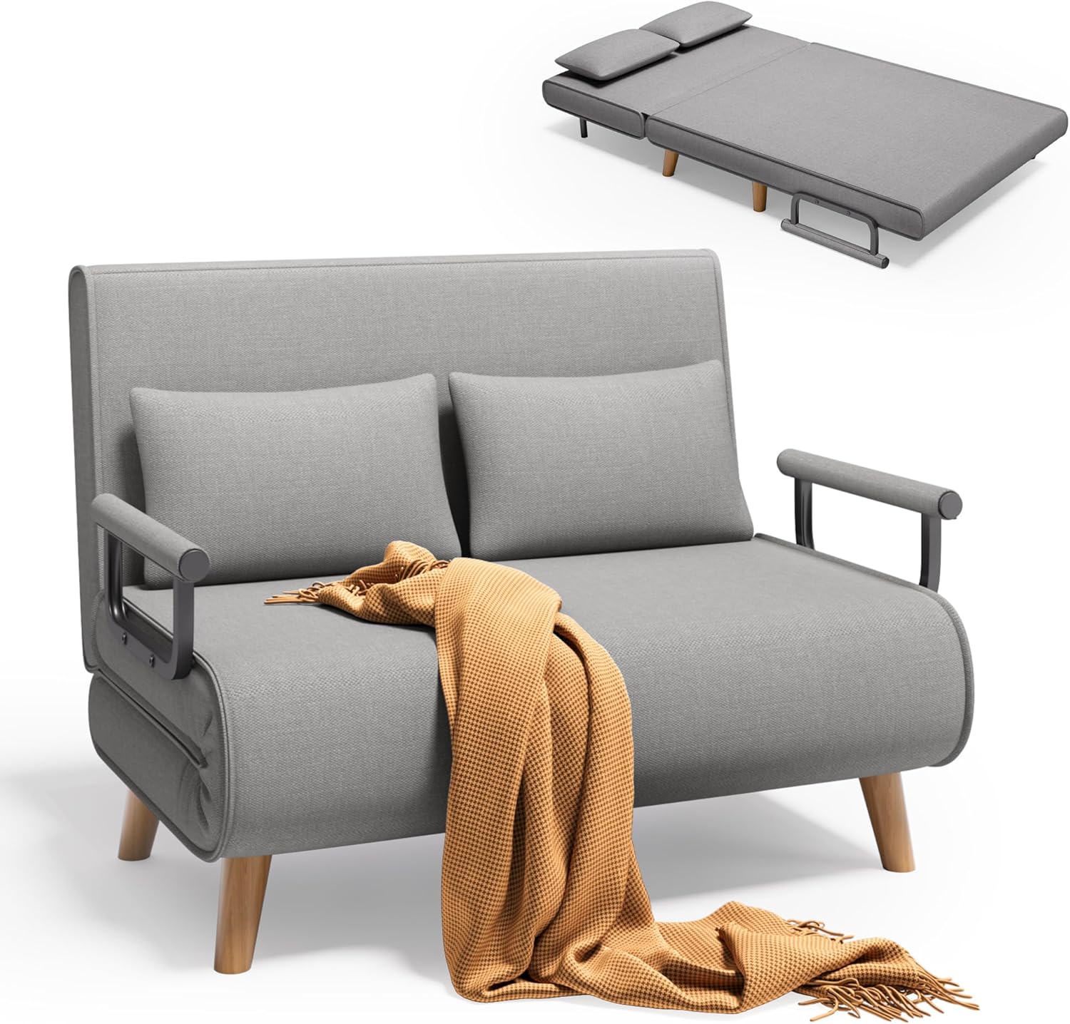 Xbro Schlafsessel mit Bettfunktion, Schlafsofa 2-Sitzer mit 6-Stufig Verstellbarer Rückenlehne und 2 Kissen, Sessel mit schlaffunktio für kleine Wohnung (Hellgrau)