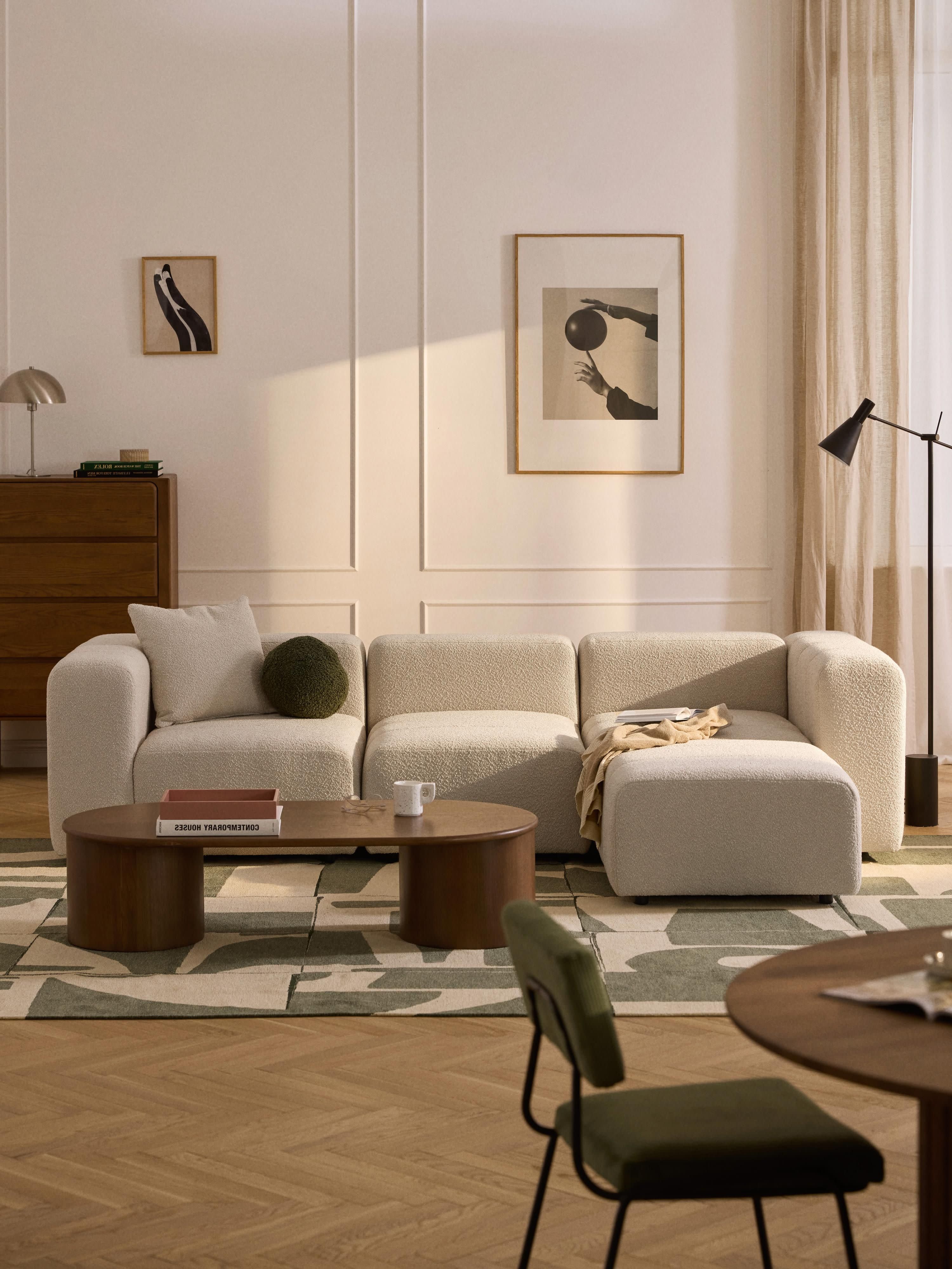 Modulaire bouclé bank Lena (4-zits) met poef (links/rechts)