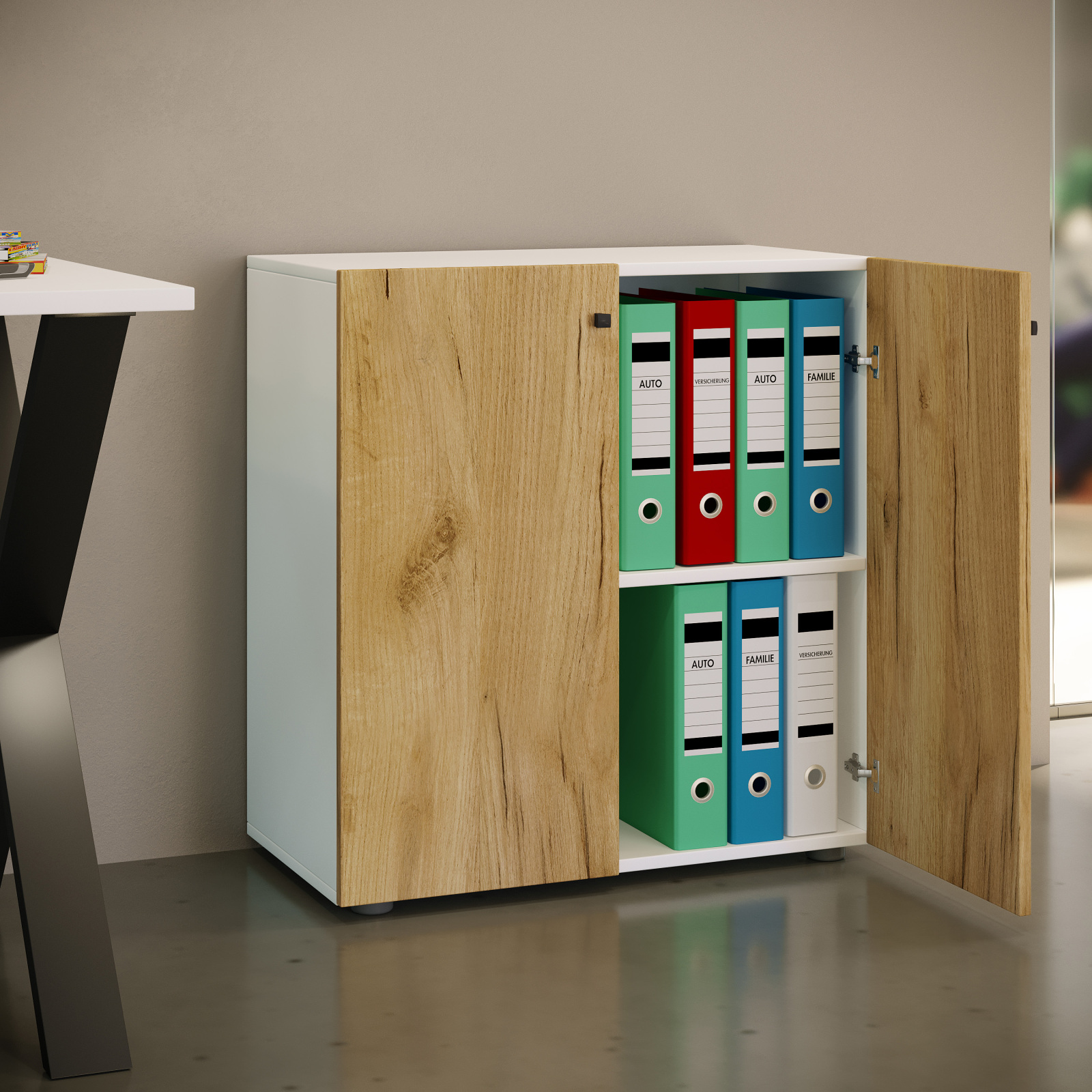 Büroschrank LONA L - Honig Eiche - weiß - mit Drehtüren - 74 cm hoch