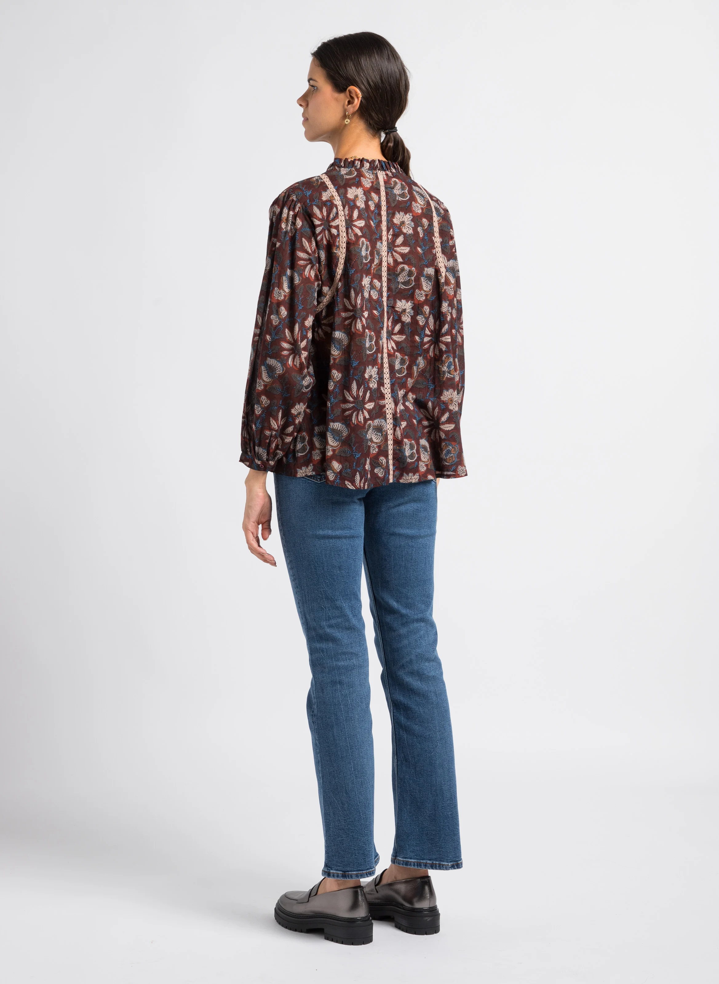 INGRID - Blouse ample col tunisien en coton imprimé | Marron