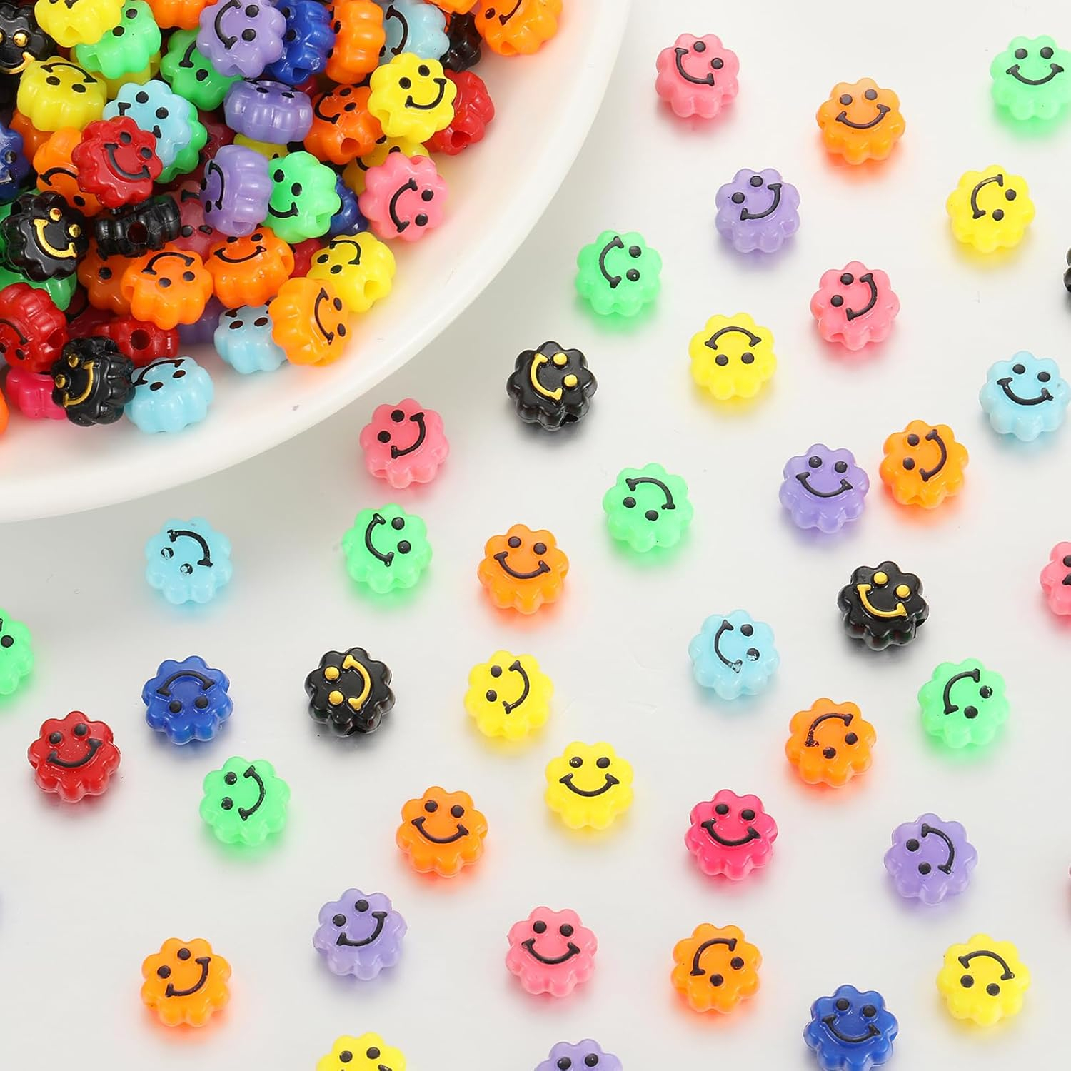 (50er Set) 10mm Acryl Blumen Perlen DIY Bastel Schmuck Smiley Zwischenperle für Armband / Kette - Bunt