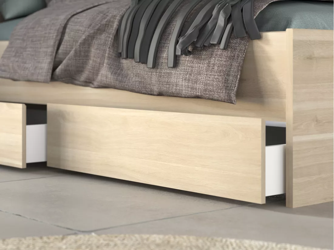 Lit 140 x 190/200 cm avec rangements - Coloris : Naturel + Sommier - TENALIA II