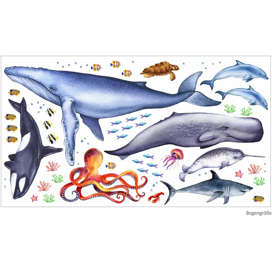 Nikima Wandtattoo 166 Tiere der Meere - Blauwal, Hai, Delfin, Orca in 6 vers. Größen blau