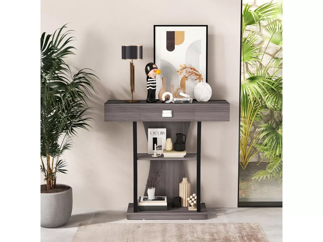 Table de console industrielle à 3 étagères avec tiroir, 91 x 30 x 88cm (gris)