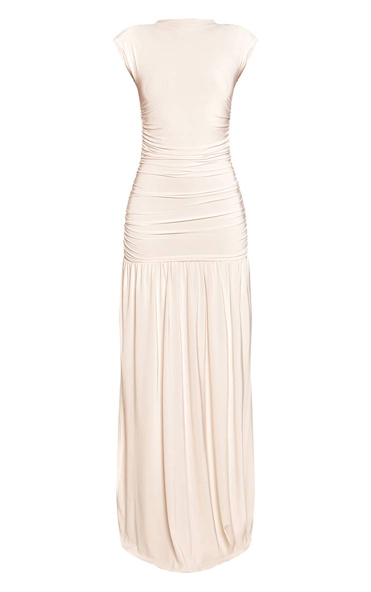 Crème Robe Longue À Taille Basse En Jersey Slinky Double Épaisseur Avec Manches Courtes