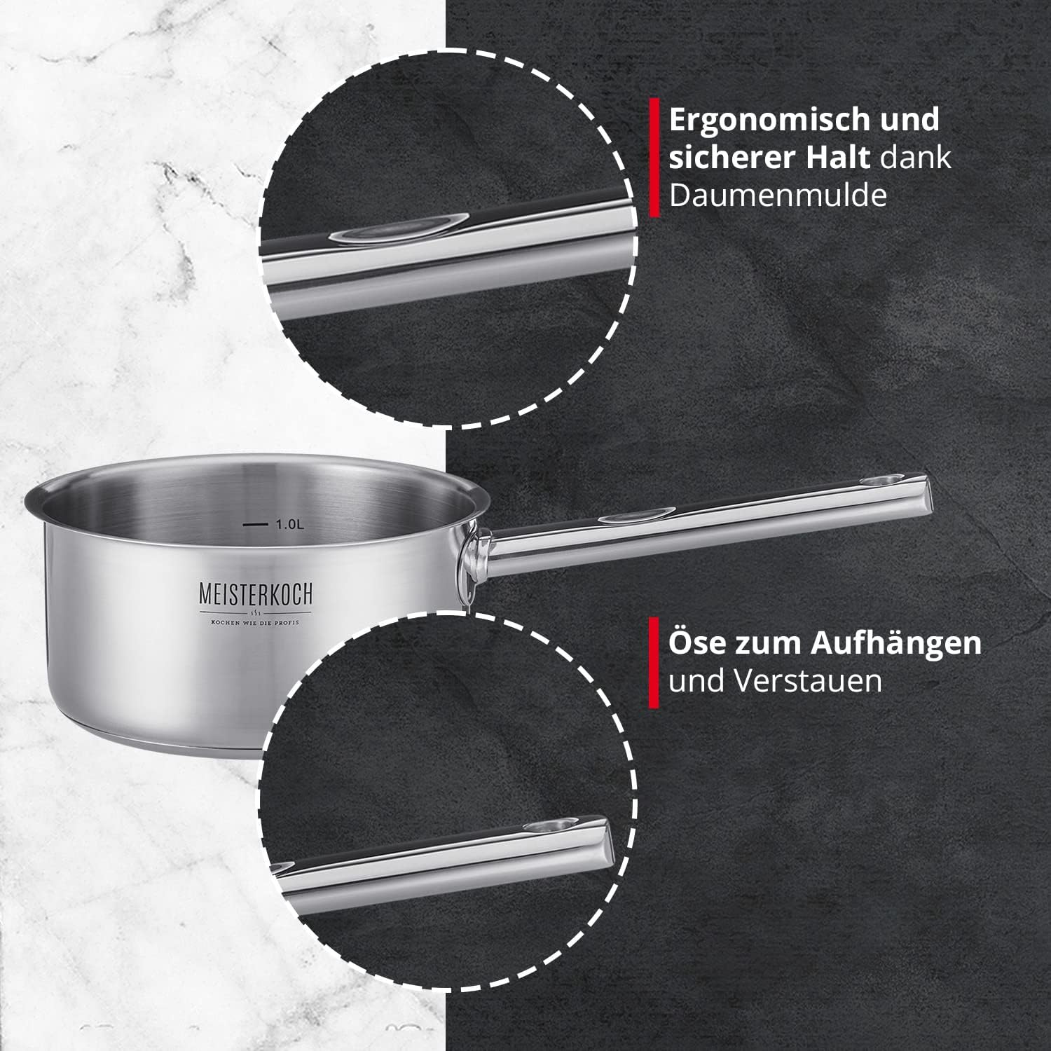 MEISTERKOCH Premium-Topfset aus rostfreiem Edelstahl | Profi-Kochgeschirr 4-teilig inklusive 3 Glasdeckel | isolierende Kaltgriffe, Induktion, Innenskala | 16-24 cm Durchmesser